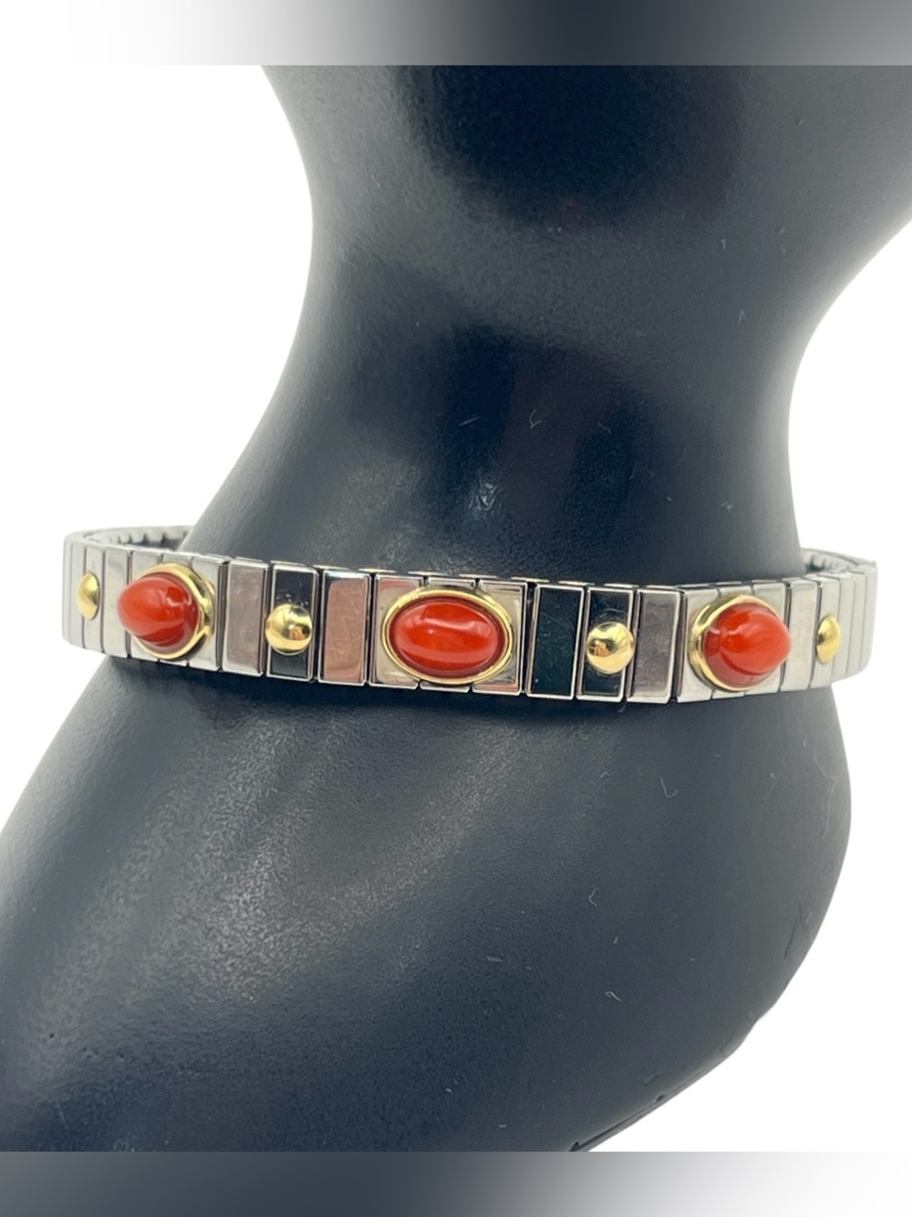 Manuel Zed 18k gold & stainless red orange stone cabochon stretch bracelet